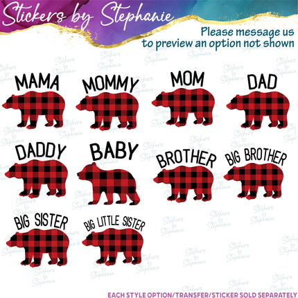(s05-170) Mama Baby Bear Family Buffalo Plaid Custom Iron-On Transfer