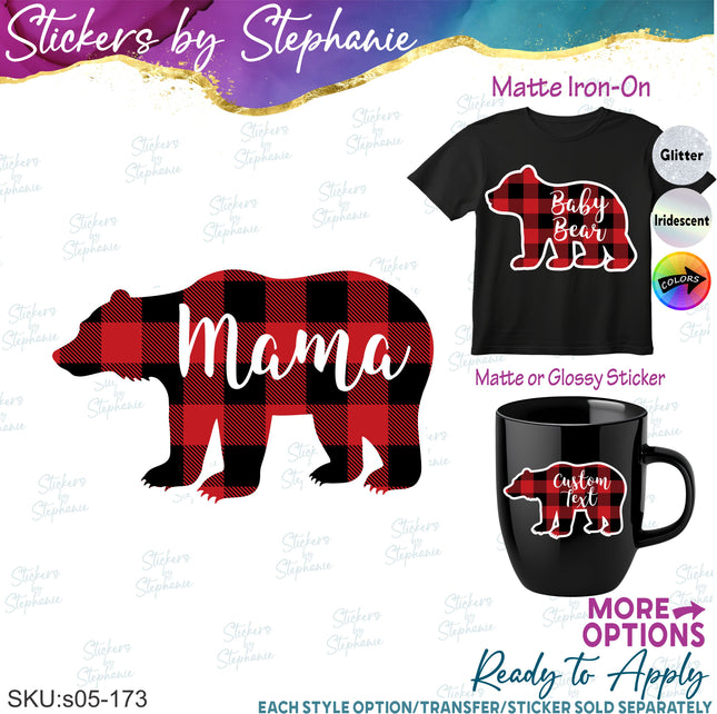 (s05-173) Mama Baby Bear Family Buffalo Plaid Custom Iron-On Transfer or Sticker