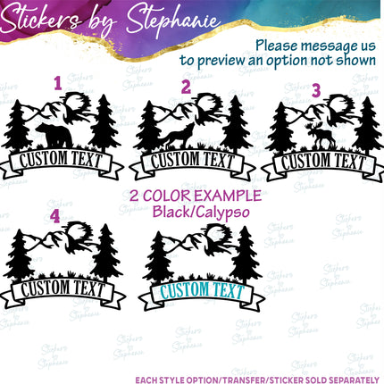 (s05-182) Mountains Bear Moose Wolf Custom Text Iron-On Transfer