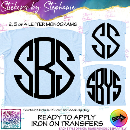 (s05-195) Circle Block 2, 3, 4 Letter Monogram Custom Text Iron-On Transfer