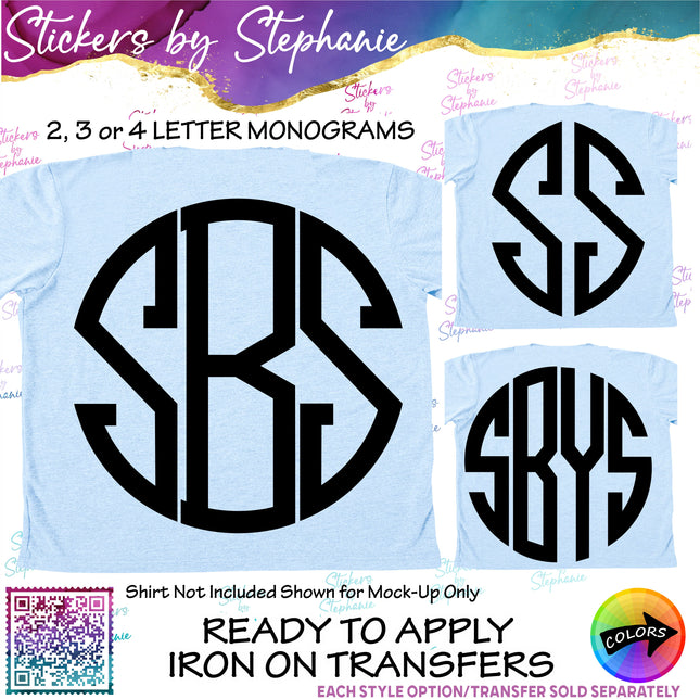 (s05-195) Circle Block 2, 3, 4 Letter Monogram Custom Text Iron-On Transfer