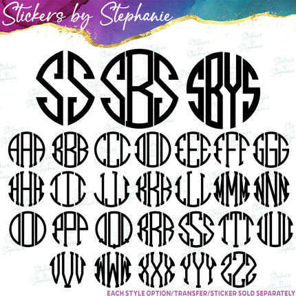 (s05-195) Circle Block 2, 3, 4 Letter Monogram Custom Text Iron-On Transfer