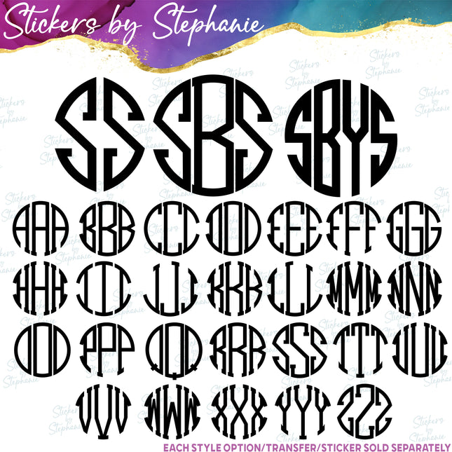 (s05-195) Circle Block 2, 3, 4 Letter Monogram Custom Text Iron-On Transfer