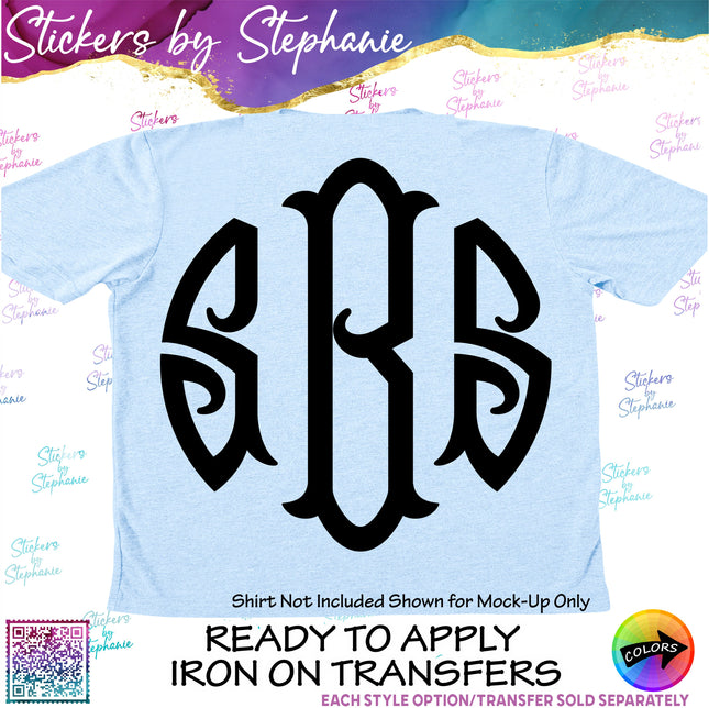 (s05-197) Roundfish 2 or 3 Letter Monogram Custom Text Iron-On Transfer