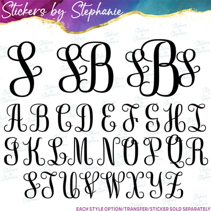 (s05-198) Vine Script 2 or 3 Letter Monogram Custom Text Iron-On Transfer