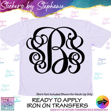 (s05-199) Vine Script 2 or 3 Letter Monogram Custom Text Iron-On Transfer