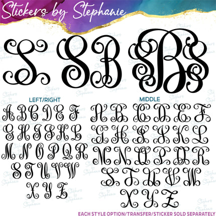 (s05-199) Vine Script 2 or 3 Letter Monogram Custom Text Iron-On Transfer