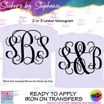 (s05-200) Vine Script 2 or 3 Letter Monogram Custom Text Iron-On Transfer