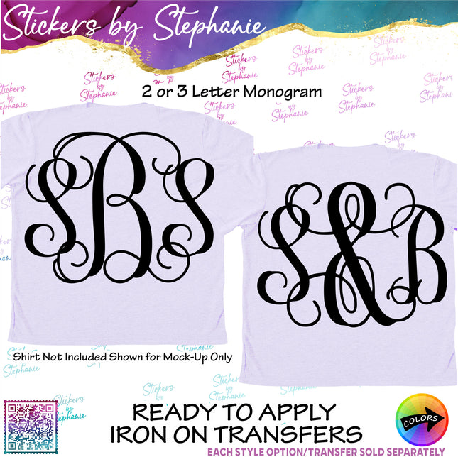 (s05-200) Vine Script 2 or 3 Letter Monogram Custom Text Iron-On Transfer
