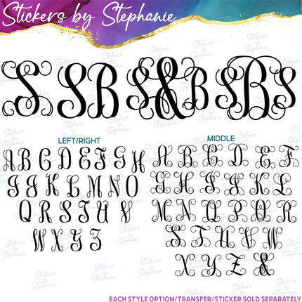 (s05-200) Vine Script 2 or 3 Letter Monogram Custom Text Iron-On Transfer
