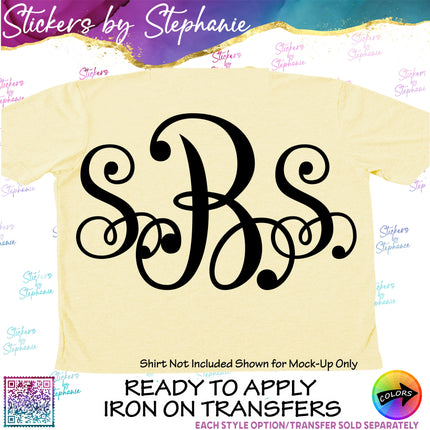 (s05-201) Vine Script 2 or 3 Letter Monogram Custom Text Iron-On Transfer