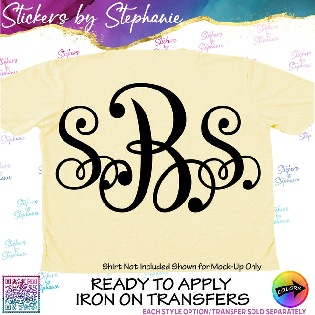 (s05-201) Vine Script 2 or 3 Letter Monogram Custom Text Iron-On Transfer