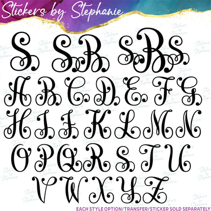 (s05-201) Vine Script 2 or 3 Letter Monogram Custom Text Iron-On Transfer