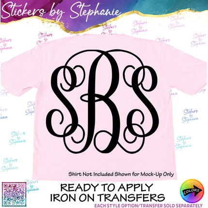 (s05-202) Vine Script 2 or 3 Letter Monogram Custom Text Iron-On Transfer