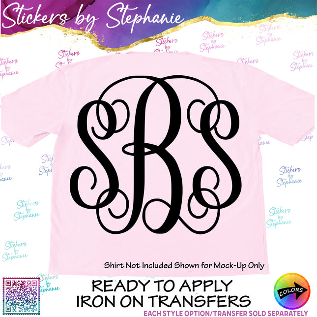 (s05-202) Vine Script 2 or 3 Letter Monogram Custom Text Iron-On Transfer