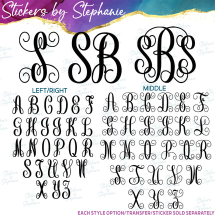 (s05-202) Vine Script 2 or 3 Letter Monogram Custom Text Iron-On Transfer