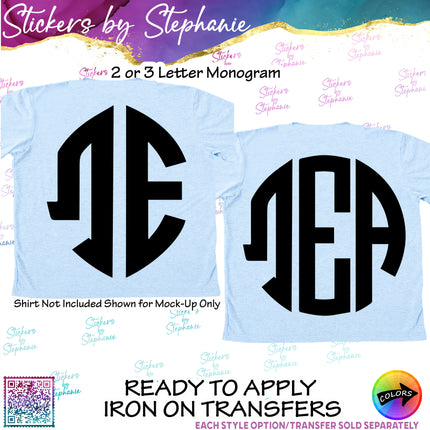 (s05-202) Greek Circle 2 or 3 Letter Monogram Custom Text Iron-On Transfer