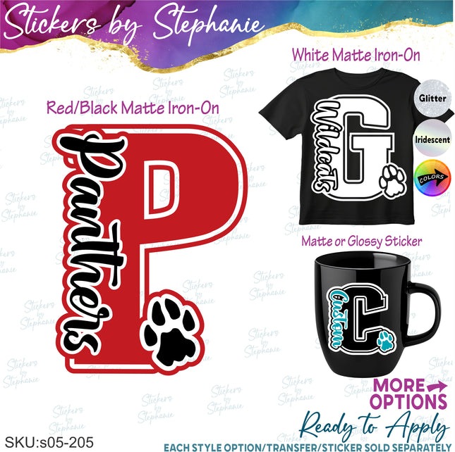 (s05-205) Panther Paw Print Letter Team Name Custom Text Iron-On Transfer or Sticker