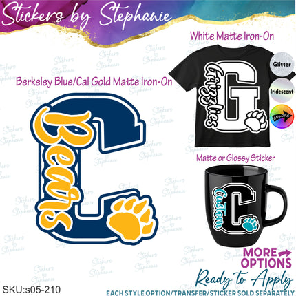 (s05-210) Bear Paw Print Letter Team Name Custom Text Iron-On Transfer or Sticker