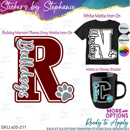 (s05-211) Dog Paw Print Letter Team Name Custom Text Iron-On Transfer or Sticker