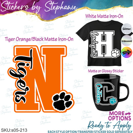 (s05-213) Tiger Paw Print Letter Team Name Custom Text Iron-On Transfer or Sticker