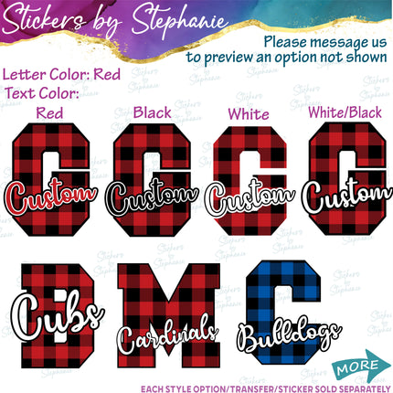 (s05-215-P1001) Buffalo Plaid Letter or Number Team Name Custom Text Iron-On Transfer or Sticker