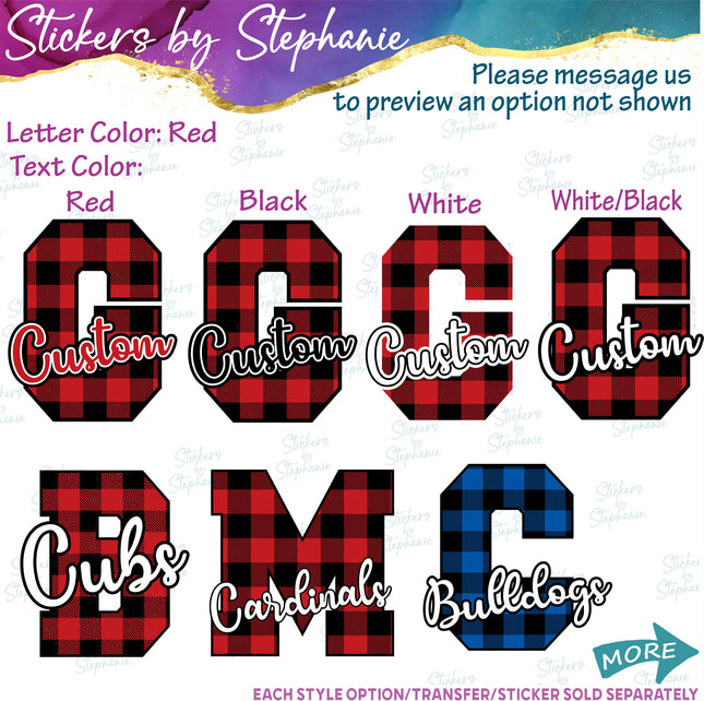 (s05-215-P1001) Buffalo Plaid Letter or Number Team Name Custom Text Iron-On Transfer or Sticker