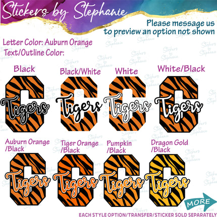 (s05-215-P4009) Tiger Print Letter Tigers Team Name Custom Text Iron-On Transfer or Sticker