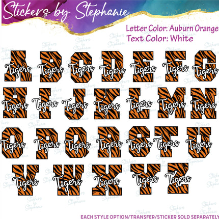 (s05-215-P4009) Tiger Print Letter Tigers Team Name Custom Text Iron-On Transfer or Sticker