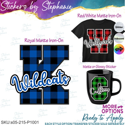(s05-215-P1001) Buffalo Plaid Letter or Number Team Name Custom Text Iron-On Transfer or Sticker