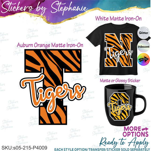 (s05-215-P4009) Tiger Print Letter Tigers Team Name Custom Text Iron-On Transfer or Sticker