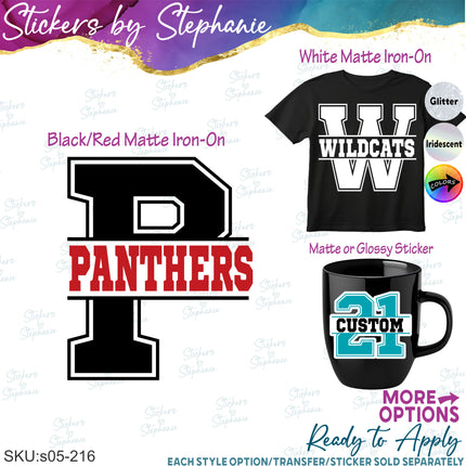 (s05-216) Letter or Number Team Name Custom Text Iron-On Transfer or Sticker