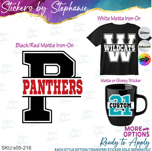 (s05-216) Letter or Number Team Name Custom Text Iron-On Transfer or Sticker