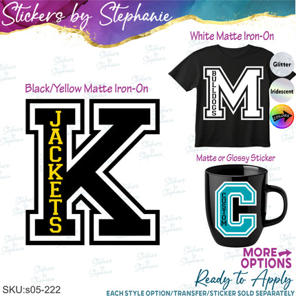 (s05-222) Letter Team Name Custom Text Iron-On Transfer or Sticker