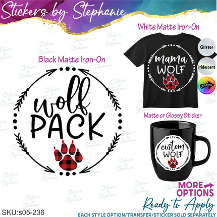 (s05-236) Mama Baby Wolf Paw Print Family Buffalo Plaid Custom Iron-On Transfer or Sticker