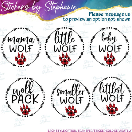 (s05-236) Mama Baby Wolf Paw Print Family Buffalo Plaid Custom Iron-On Transfer or Sticker