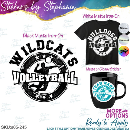 (s05-245) Team Name Volleyball Distressed Grunge Custom Iron-On Transfer or Sticker
