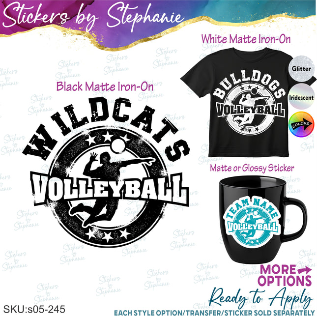 (s05-245) Team Name Volleyball Distressed Grunge Custom Iron-On Transfer or Sticker