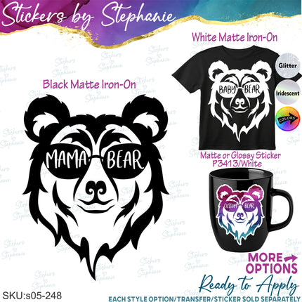 (s05-248) Mama Baby Bear Sunglasses Custom Family Text Iron-On Transfer or Sticker