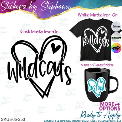 (s05-253) Heart Mascot Team Name Text Custom Iron-On Transfer or Sticker