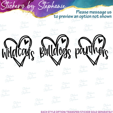 (s05-253) Heart Mascot Team Name Text Custom Iron-On Transfer or Sticker
