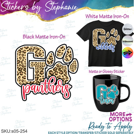 (s05-254) Go Paw Print Team Name Text Custom Iron-On Transfer or Sticker