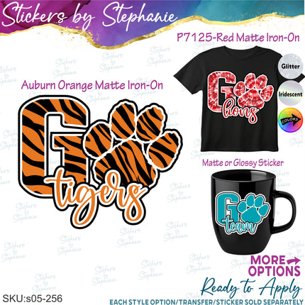(s05-256) Go Tiger Paw Print Team Name Text Custom Iron-On Transfer or Sticker