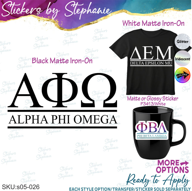 (s05-026) Greek Letters Sorority Fraternity Custom Iron-On Transfer or Sticker