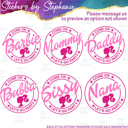(s05-027) Let's Go Barbie Family Custom Name Iron-On Transfer