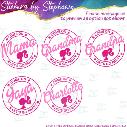 (s05-027) Let's Go Barbie Family Custom Name Iron-On Transfer