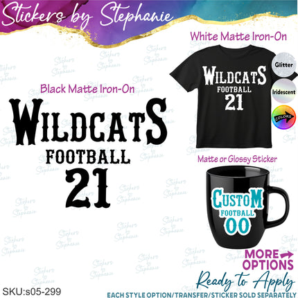 (s05-299) Football Team Name Player Number Custom Iron-On Transfer or Sticker