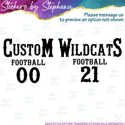 (s05-299) Football Team Name Player Number Custom Iron-On Transfer or Sticker