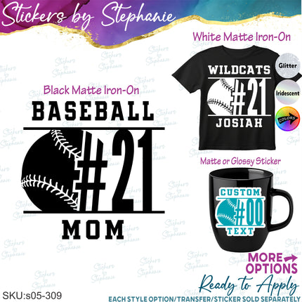 (s05-309) Baseball Softball Mom Team Name Player Number Custom Iron-On Transfer or Sticker