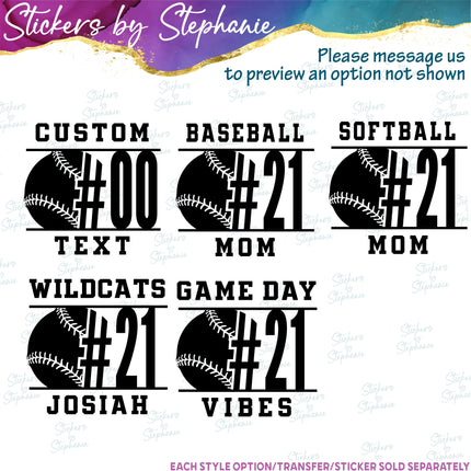 (s05-309) Baseball Softball Mom Team Name Player Number Custom Iron-On Transfer or Sticker